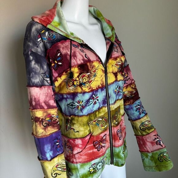Rainbow Patchwork Boho Hippie Tie Dyed Full Zip Hoodie Women’s Size M/L - Picture 1 of 7